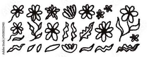 Hand drawn grunge textured brush black paint chamomiles vector set. Ink drawing flowers and leaves naive style primitive drawing. Black and white vector botanical Abstract blossom
