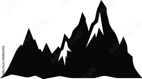 Jagged mountain range silhouette presents a stark, powerful nature against a white backdrop