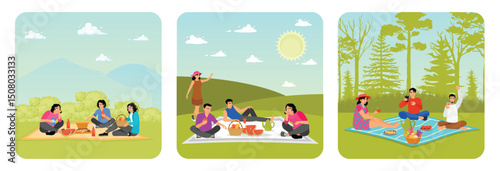 Enjoying a Picnic on the Grass Field. Picnic on Green Hill. Picnic on a spring day.
