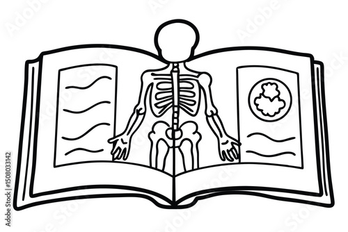 Line art depiction shows a skeleton figure emerging from an open anatomy book