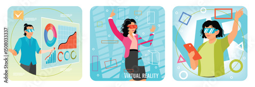 Virtual Reality Interface Displaying Data Analysis. Woman Wearing VR Headset. VR Experience.