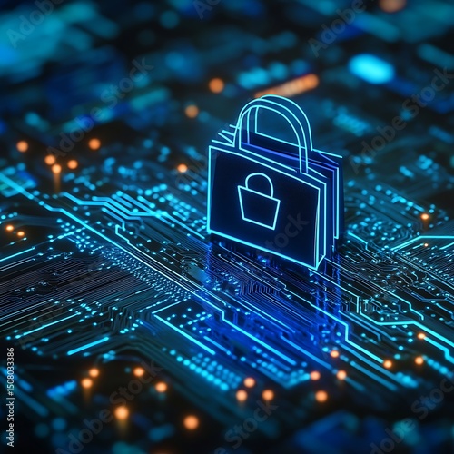 Digital security icon on a circuit board.