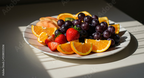 Sunlit Fresh Fruit Platter Oranges Strawberries Grapes Cantaloupe Slices