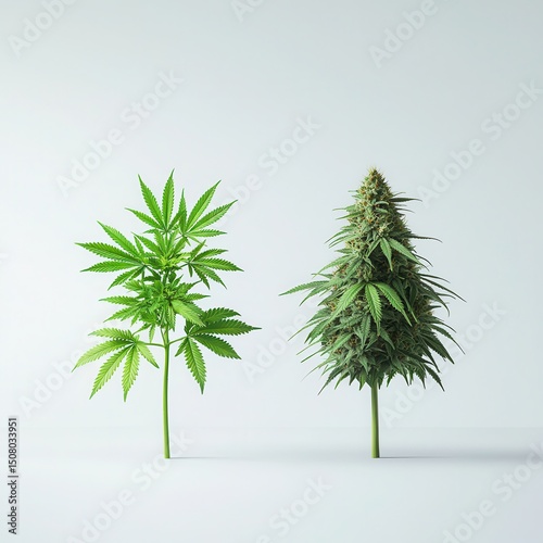 Cannabis and mental health concept. Two cannabis plants displayed side by side, one leafy and the other mature and dense.