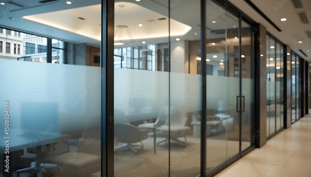 Modern Office Interior with Glass Walls and Frosted Privacy Film for Conference Room or Workspace
