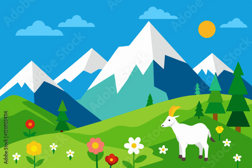 Sunny alpine meadow with grazing goats 