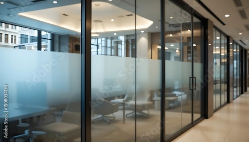 Modern Office Interior with Glass Walls and Frosted Privacy Film for Conference Room or Workspace
