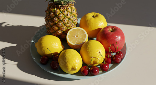 Vibrant Summer Fruit Still Life Pineapple Lemons Apples Cherries on Plate