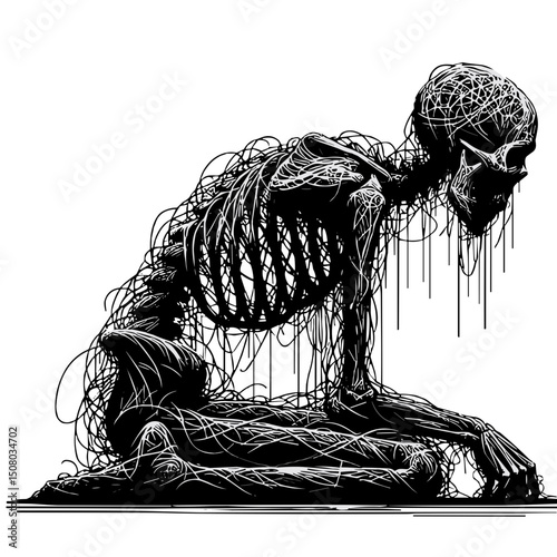 Tired skeleton sitting on the ground with a distressed posture for halloween  