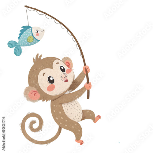 monkey Fishing with fish on the hook Minimal Clipart White Background
