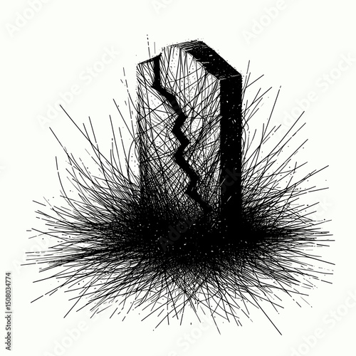 Cracked tombstone surrounded by wild grass abstract illustration concept of halloween  