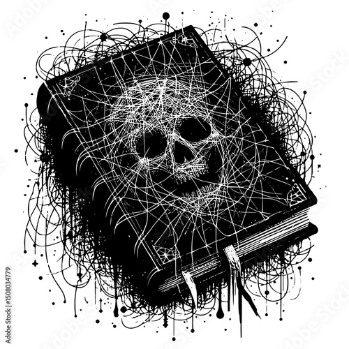 Spell book with skull on cover in dark artistic design concept of halloween  
