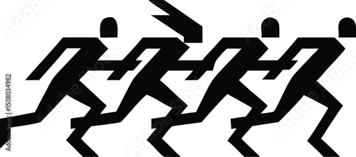 Minimalist monochrome glyph depicts united teamwork as four abstract runners stride forward together in unity