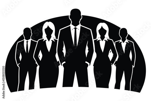 Monochrome silhouette shows confident business leader and team standing together, ready for success