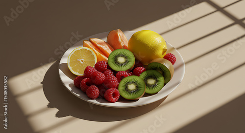 Fresh Fruit Platter Kiwi Raspberries Lemon Orange Slices Healthy Snack Summer