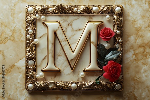 Elegant marble letter m gold frame pearls roses
