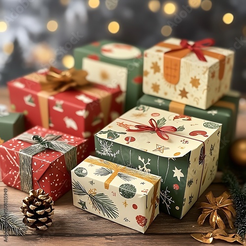Christmas presents wrapped in festive patterned paper.