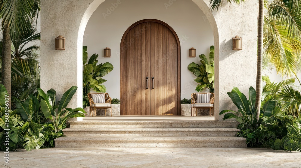 Fototapeta premium Sunlit entryway with arched doorway, stone steps, tropical plants, and wicker chairs