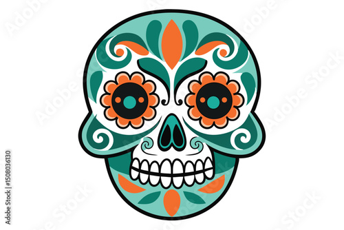 Ornate teal sugar skull adorned with flowers and leaves symbolizes dia de los muertos