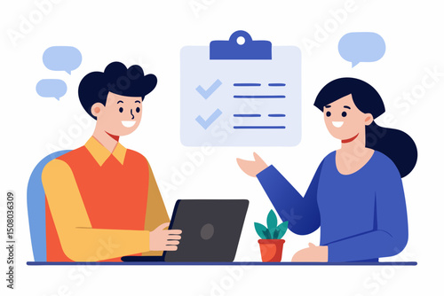 Vector illustration of a performance review meeting with appraisal sheet manager and employee discussion