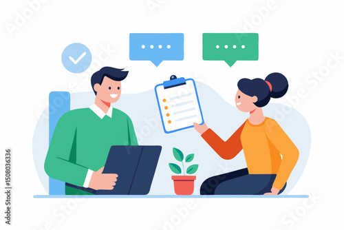 Vector illustration of a performance review meeting with appraisal sheet manager and employee discussion