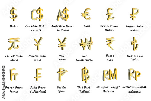 3d currency symbol set Dollar euro pound ruble yuan yen won rupee lira franc peseta baht ringgit rupiah