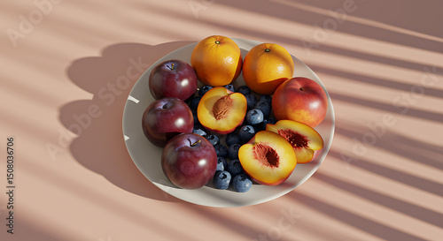 Sunlit Still Life Plums Peaches Oranges Blueberries on Plate