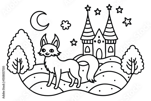 Outlined fantasy fox is wandering near a castle under crescent moon and stars