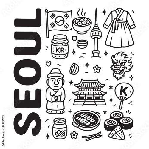 Seoul Iconic Symbols Illustration