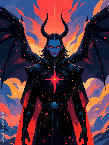 antichrist dark character, full of power and charm, biblical feel, apocalypse in the background