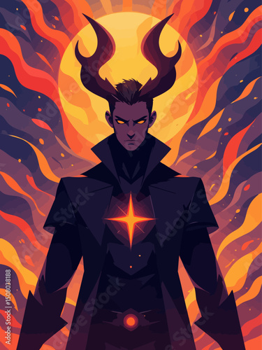 antichrist dark character, full of power and charm, biblical feel, apocalypse in the background
