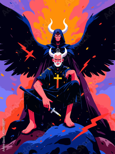 antichrist dark character, full of power and charm, biblical feel, apocalypse in the background