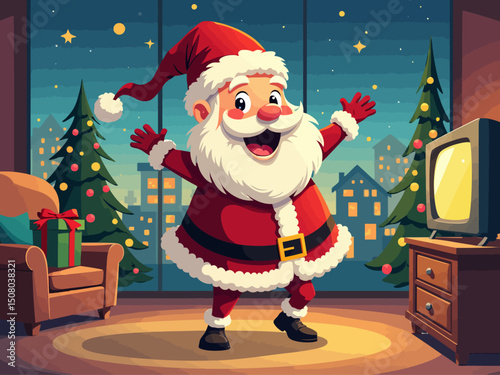  Front shot of a critmas santa clausl is dancing on TV show