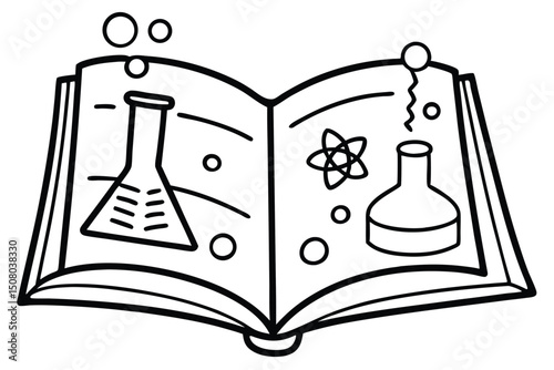 Science book illustration features beakers, atom symbols, and bubbles in bold black outline