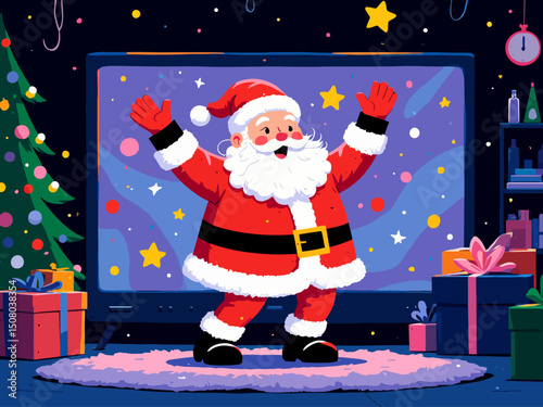  Front shot of a critmas santa clausl is dancing on TV show