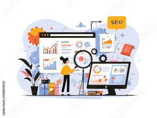 Minimalist Flat vector illustration showing a modern SEO concept, people analyzing website data, graphs, search engine ranking
