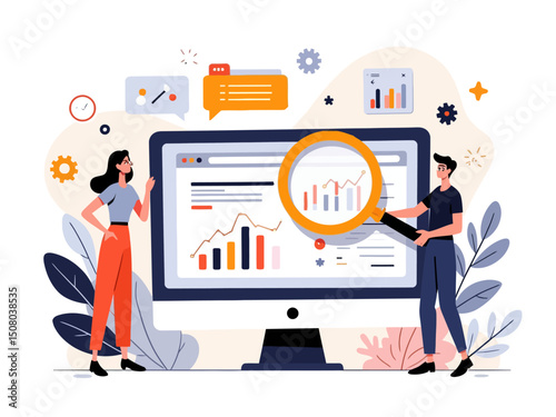 Minimalist Flat vector illustration showing a modern SEO concept, people analyzing website data, graphs, search engine ranking