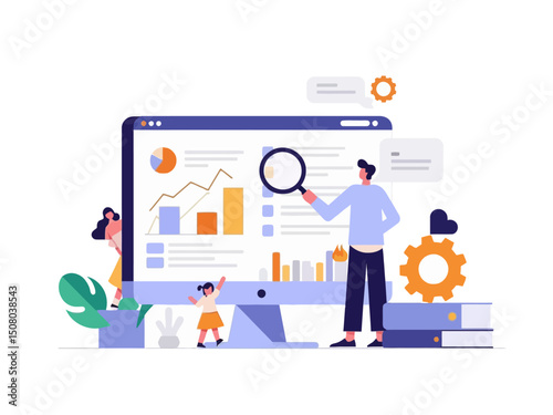 Minimalist Flat vector illustration showing a modern SEO concept, people analyzing website data, graphs, search engine ranking