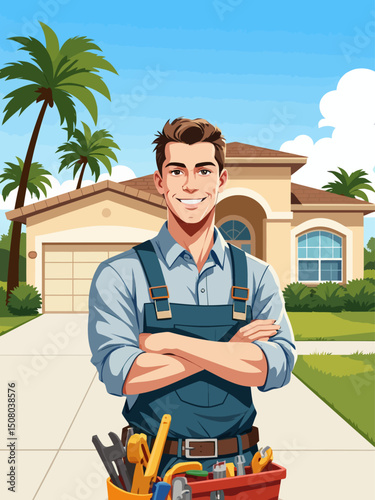 Professional friendly handyman in Florida, smiling middle-aged man in uniform with a toolbox