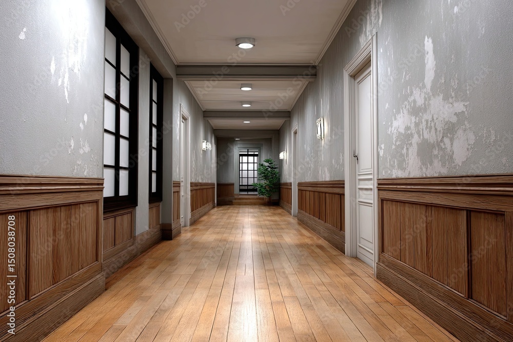 Fototapeta premium Long Wooden Hallway with Stains Mildew discovered on Walls and Classic Doors Interior Design 