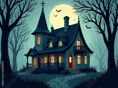 a spooky gothic house, cottage, in the woods, towers, balconys