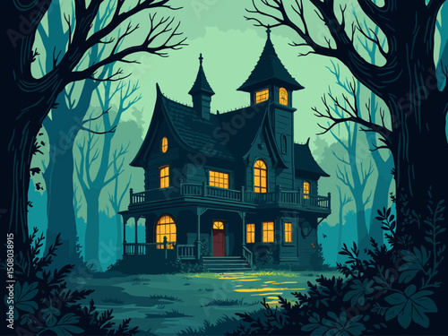 a spooky gothic house, cottage, in the woods, towers, balconys