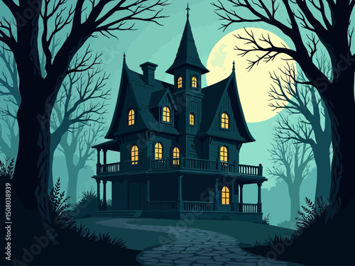 a spooky gothic house, cottage, in the woods, towers, balconys