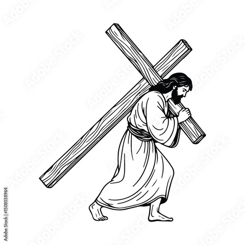 line art of jesus carrying the cross on his back vector illustration