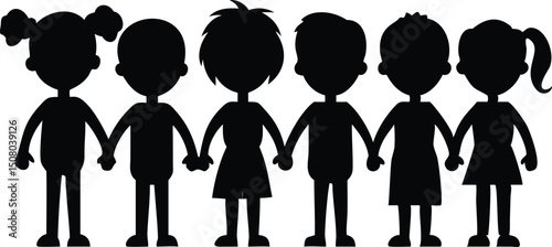Silhouette depicts group of diverse children happily standing together holding hands in unity