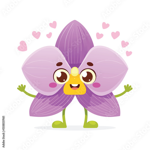 Orchid in cute cartoon character style with expressive face and limbs.