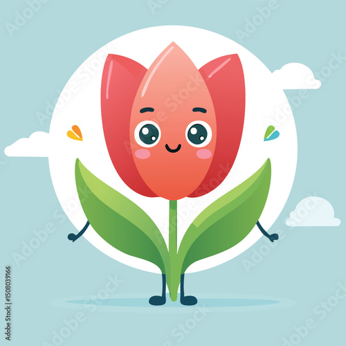 Tulip in cute cartoon character style with expressive face and limbs.