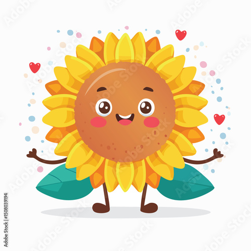 Sunflower in cute cartoon character style with expressive face and limbs.