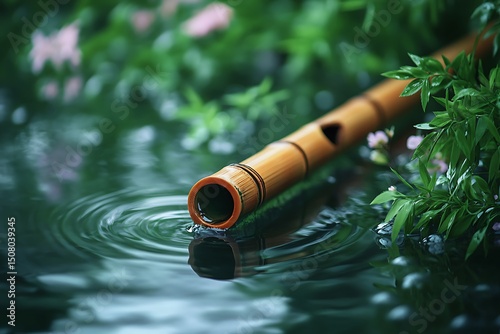 Bamboo flute resting on calm water zen garden