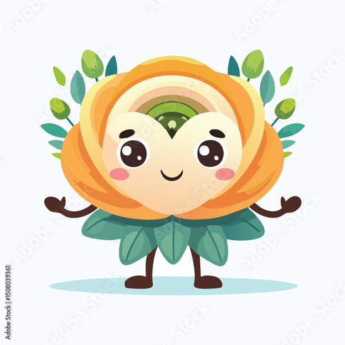 Ranunculus in cute cartoon character style with expressive face and limbs.
